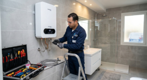 فني يقوم بتركيب سخان كلاج في الاسكندرية داخل منزل